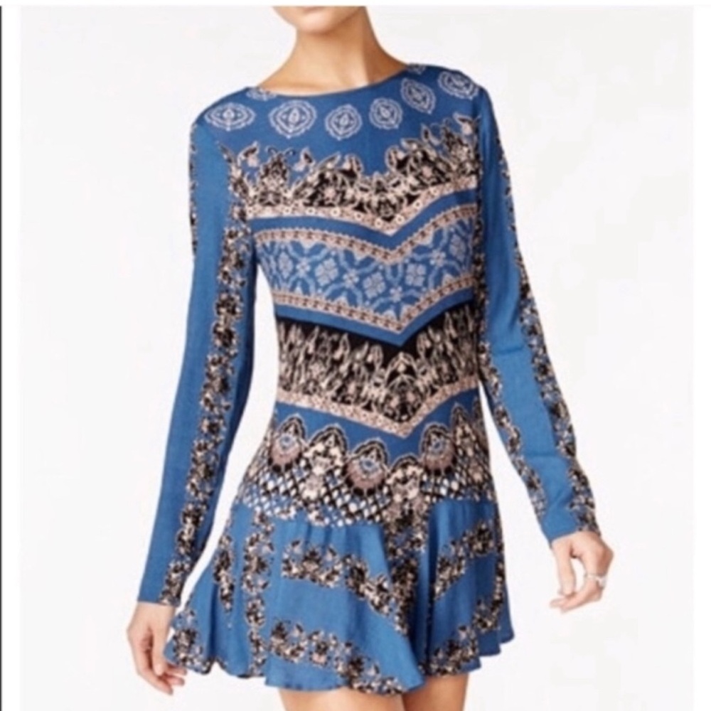Free People Smooth Talker Open Back Tunic Top Large Black Beige Blue